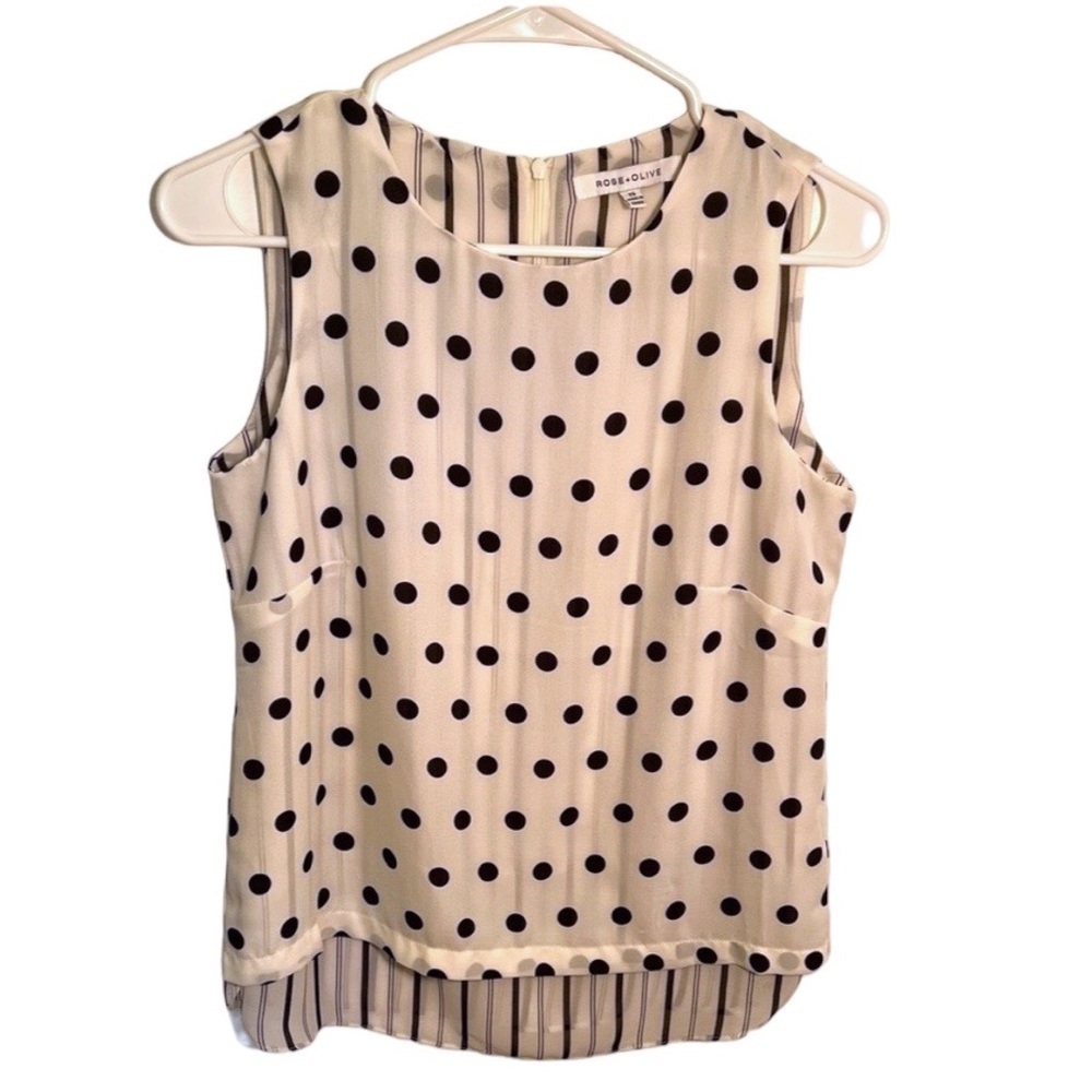 Rose & Olive Sleeveless Blouse White Black Polka Dots Striped Hem